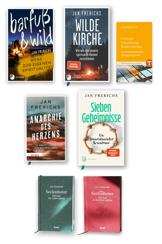 Bücher von Jan Frerichs: Wilde Kirche, barfuß+wild, Nach der Erleuchtung: Boden wischen
